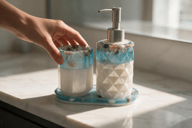 Ensemble 3 pièces distributeur de savon à main en résine (bord de mer) - Créations Joha
